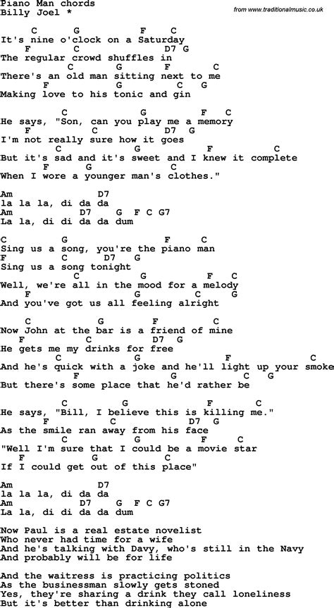 Song Lyrics with guitar chords for Piano Man | Music chords, Ukulele ...