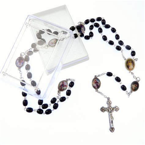 Catholic black glass rosary beads necklace in box Divine Mercy + male ...