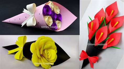 3 DIY Paper Flower BOUQUET/Birthday Gift ideas/Flower Bouquet making at Home - YouTube