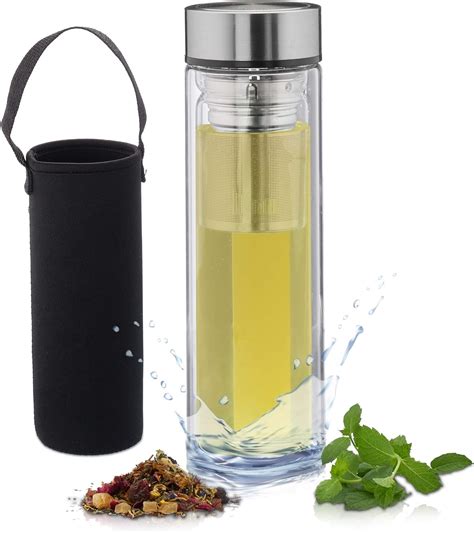 Relaxdays 10027638 Tea Bottle with Strainer, 500 ml, Insulated Water Bottle, Neoprene Bag, Tea ...