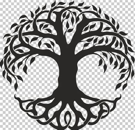 a black and white tree with leaves in the shape of a circle on a transparent background