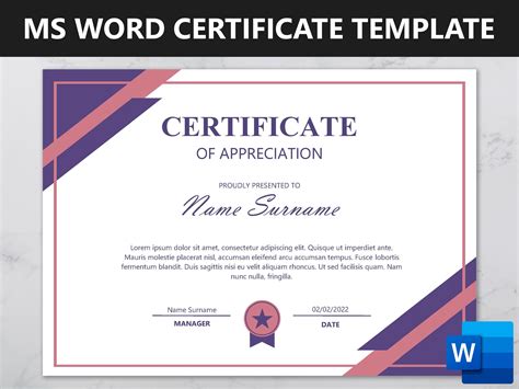 Microsoft Word Certificate Template, Editable Certificate of ...