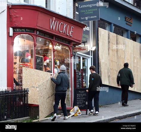 Shops are boarded up in Lewes High Street in East Sussex ahead of an annual bonfire night ...