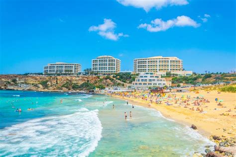 Golden Bay beach on Malta stock photo. Image of ghajn - 216359490