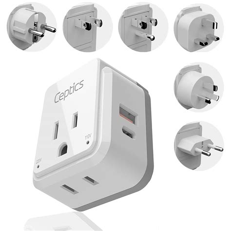 Ceptics World Power Plug Adapter Set, Dual USB & USB-C 3.1A, 20W with QC-PD, 2 USA Outlet ...