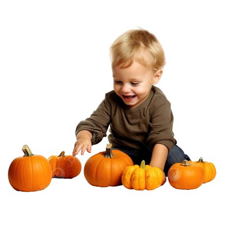 A Little Boy Playing With An Apple Near Pumpkins, Thanksgiving, Halloween, Little Boy PNG ...