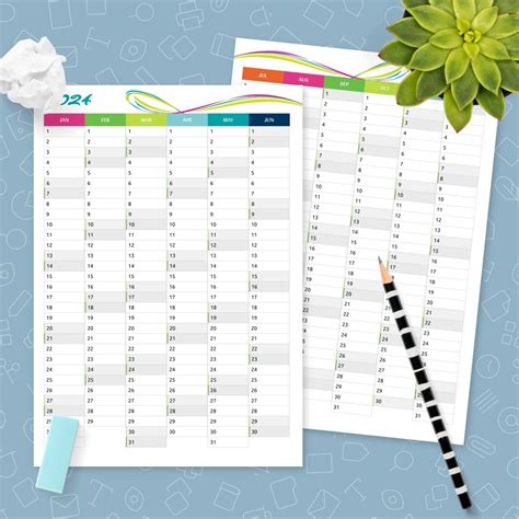 Full Year Vertical Calendar Template - Printable PDF