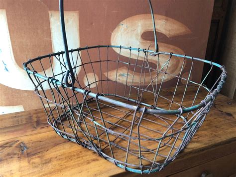 Antique Wire Basket With Wood Handle, Rustic Metal Wire Basket, Industrial Storage Basket ...