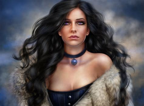 Download Necklace Amulet Purple Eyes Long Hair Black Hair Yennefer Of Vengerberg Video Game The ...