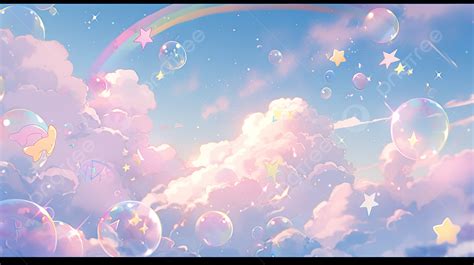 Pastel Rainbow Sky With Dreamy Clouds Bubbles And Stars A 3d Rendered Wallpaper Background, Sky ...