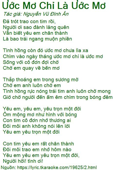 Loi bai hat Uoc Mo Chi La Uoc Mo (Nguyen Vu Dinh An) [co nhac nghe]