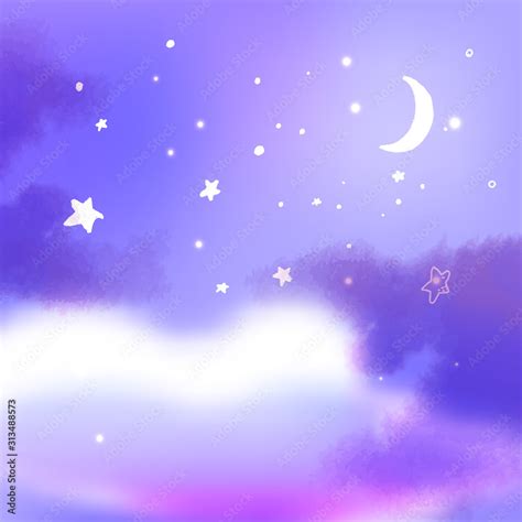 Purple night sky with moon, fluffy clouds and lots of stars. Dream illustration, peaceful ...