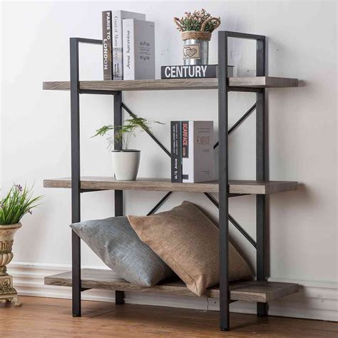 HSH 3-Shelf Bookcase, Rustic Gray 3 Tier Bookshelf, Vintage Industrial ...