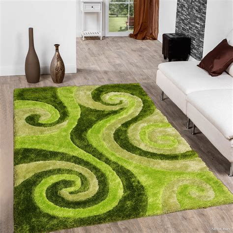 Allstar Green Shaggy Area Rug with 3D Lime Green Spiral Design. Contemporary Formal Hand Tufted ...