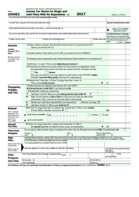 Fillable Form 1040-Ez - Income Tax Return For Single And Joint Filers With No Dependents - 2016 ...