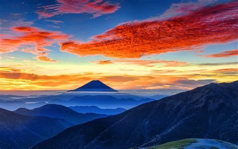 Download wallpapers Fujiyama, 4k, Mount Fuji, sunset, mountains, stratovolcano, japanese ...