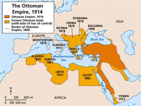 This map shows the size of the Ottoman empire as of 1914, along with the dates of the losses of ...