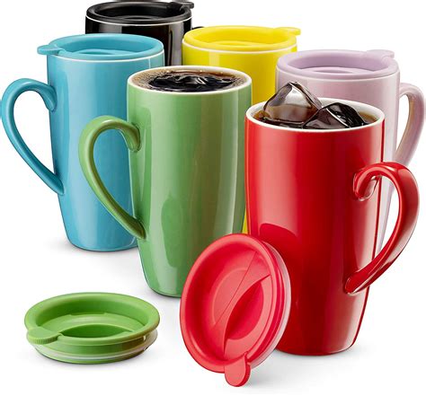 Amazon.com: MITBAK Juego de 6 tazas de café de cerámica con tapas (16 onzas) | Juego de tazas de ...