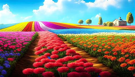 Colorful blooming flower field with blue sky. Nature landscape ...