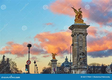 Dramatic Sunset Over the Columns of Pont Alexandre III in Paris Stock ...