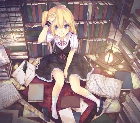 anime Girls, Dress, Books, Socks, Blue Eyes, Blonde, Library, Original Characters Wallpapers HD ...