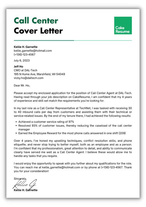 Call Center Cover Letter: Examples & How-to Guide | CakeResume