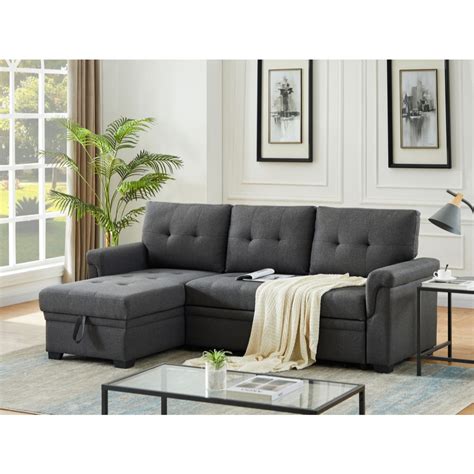 86" Lucca Gray Linen Reversible Sleeper Sectional Sofa with Storage Chaise - Walmart.com ...