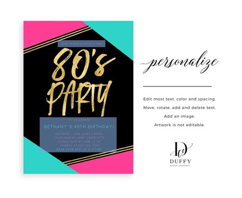 80's Birthday Invitation Template 80s Themed Neon Party | Etsy