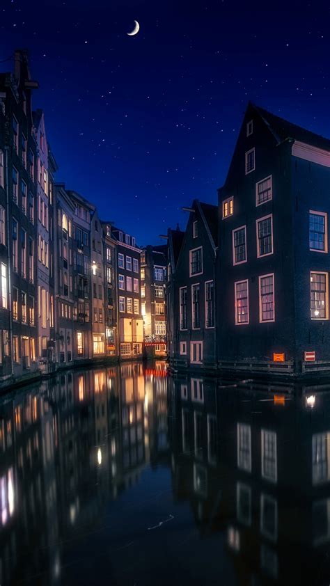 Wallpaper Amsterdam, Netherlands, houses, lights, river, night ...