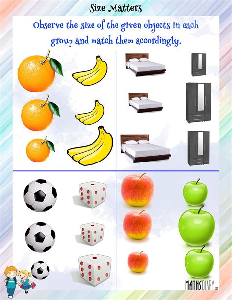 Match the size of objects - Math Worksheets - MathsDiary.com