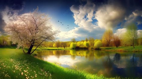 Scenic Lake By The Trees And Flowers Background, Nature Spring Pictures ...