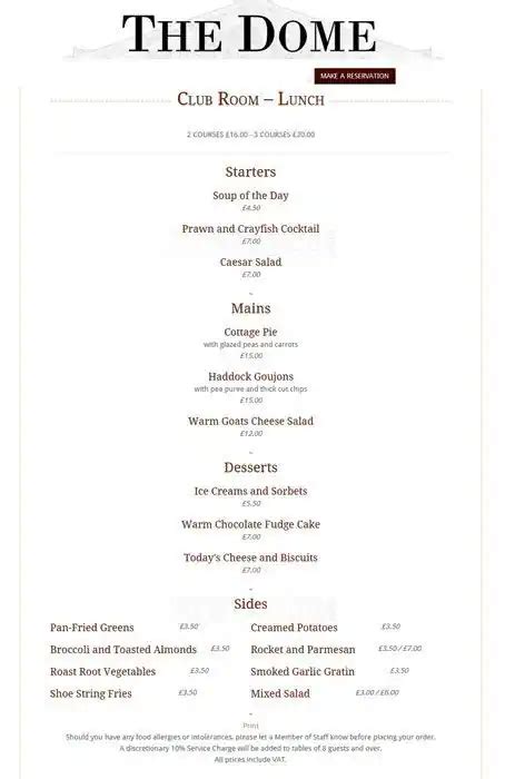 The Club Room - The Dome Menu, Menu for The Club Room - The Dome, New ...