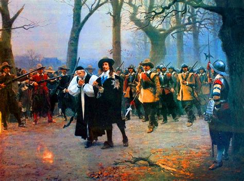 a painting of people dressed in old time clothing and hats, walking ...