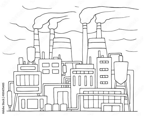 Industrial cartoon sketch of nuclear power station. Doodle factory with smoking plants pipes ...