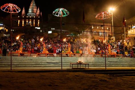 Ganga Aarti Ceremony Rituals At Assi Ghat In Varanasi. India Editorial ...