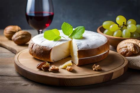 Premium AI Image | cheese and a glass of wine on a wooden tray