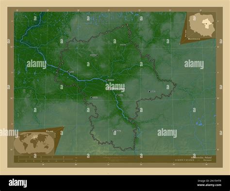 Mazowieckie, voivodeship|province of Poland. Colored elevation map with lakes and rivers ...