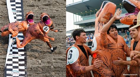 Watch: Hundreds run on horse racing tracks in T-Rex costumes | Trending News - The Indian Express