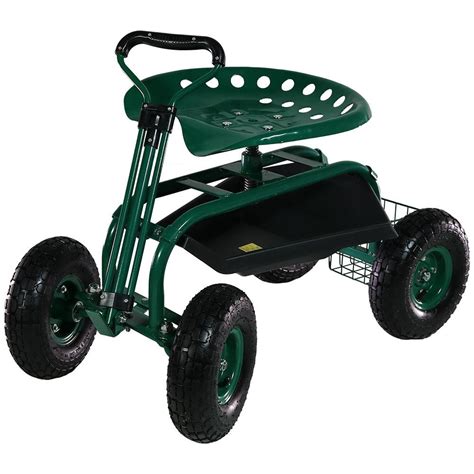 Sunnydaze Decor Green Steel Rolling Garden Cart with Extendable Steering Handle, Swivel Seat and ...