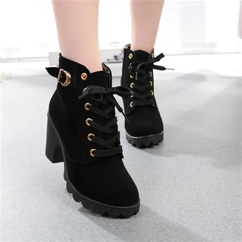 Womens Boots Fashion High Heel Lace Up Ankle Boots Ladies Buckle Platform Shoes Winter Boots ...