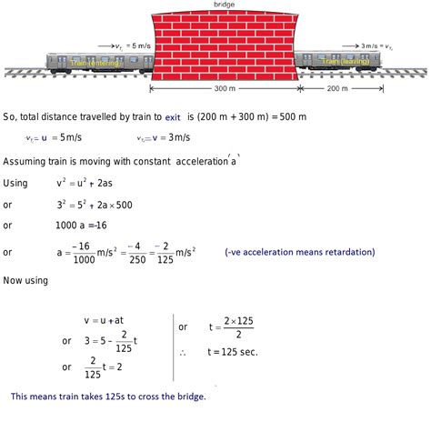 A train 200m long enters at 5m/s and exits at 3m/s from a bridge 300m ...