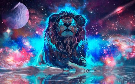 a lion sitting on top of a body of water under a sky filled with stars