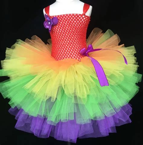 Rainbow Tutus Girls 3Layers Cake Dress Baby Crochet Tulle Tutu with Ribbon Bow and Flower ...