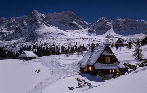 Wallpaper winter, snow, mountains, house, Tatra National Park, Slovakia ...