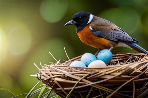 Premium Photo | A bird sits on a nest with eggs.