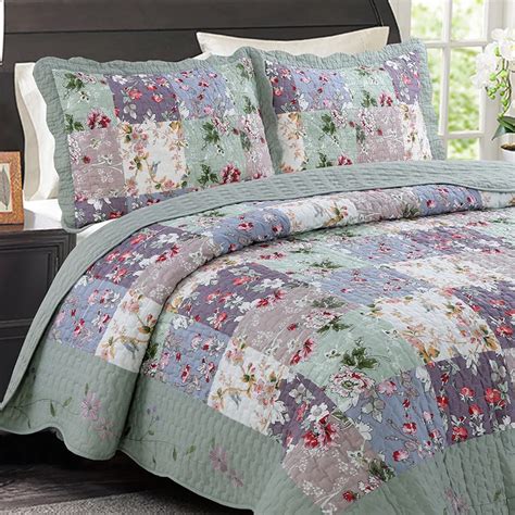 CHAUSUB Bedspread Quilt Set 3pcs Quilted Coverlet Washed Cotton Quilts KING Size Floral Printed ...