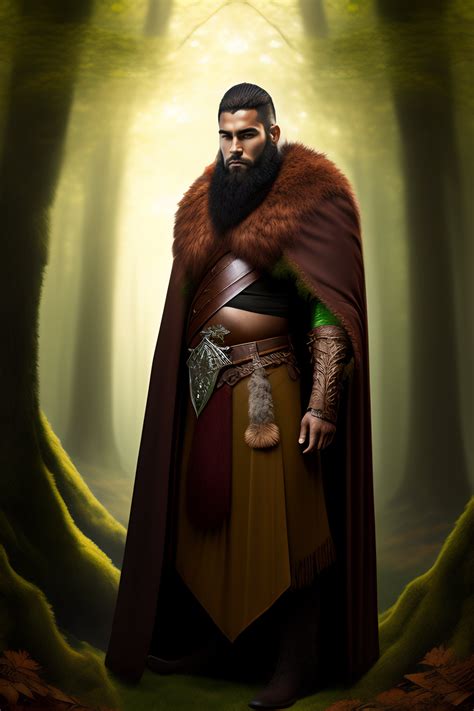 Lexica - Magic druid in woods, tattoo, plain bearskin cloak, kilt, brown eyes, trimmed beard ...