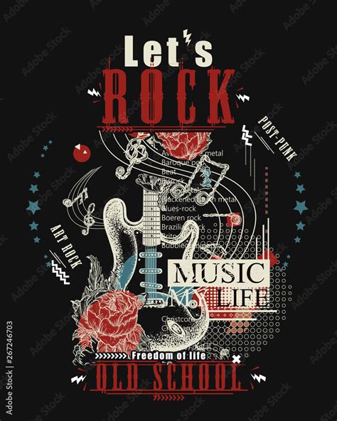 Vetor de Rock music print. Electro guitar and roses. Let's Rock slogan. Musical vector art, t ...