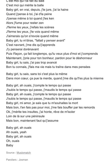 Parole chanson babygitl de josman svp - Nosdevoirs.fr