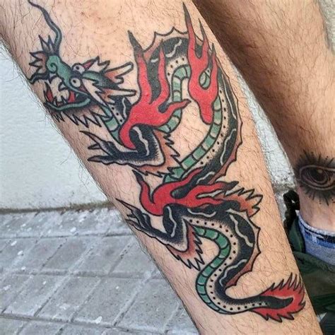 50 Traditional Dragon Tattoo Designs For Men - Retro Ideas Back Of Leg Tattoos, Tattoos For Guys ...